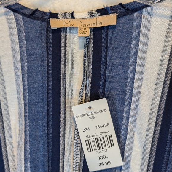 My Danielle Denim Blue & White Striped Cardigan Shawl Cover Top - Picture 4 of 6